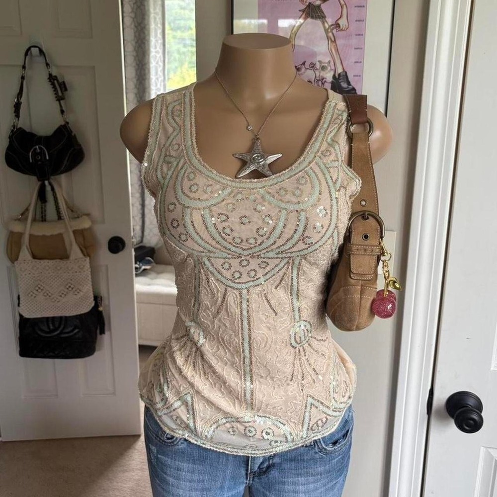 y2k 2000s beige sequin beaded embellished tank top